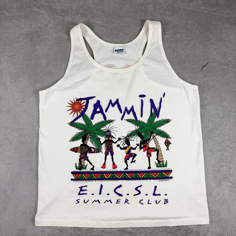 Cyrk Jammin Summer Club Tank Top Mens  White Excellent 1994 Vintage Surf Graphic